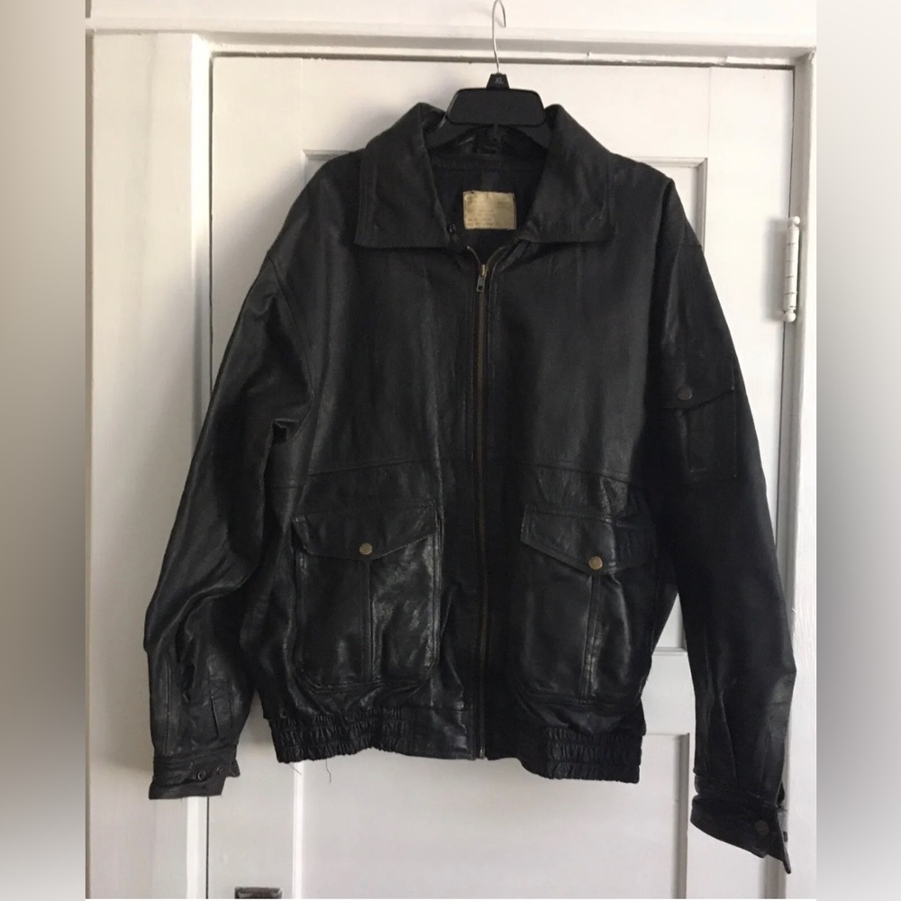 Bomber real leather jacket - black Vintage pilot biker 2XL? XXL?.